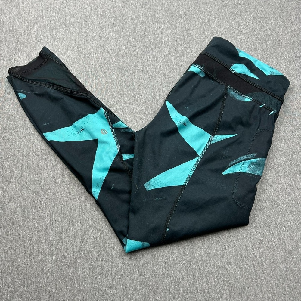 Lululemon Workout Leggings Womens 6 Blue Black Mesh Cutouts Zip Pockets